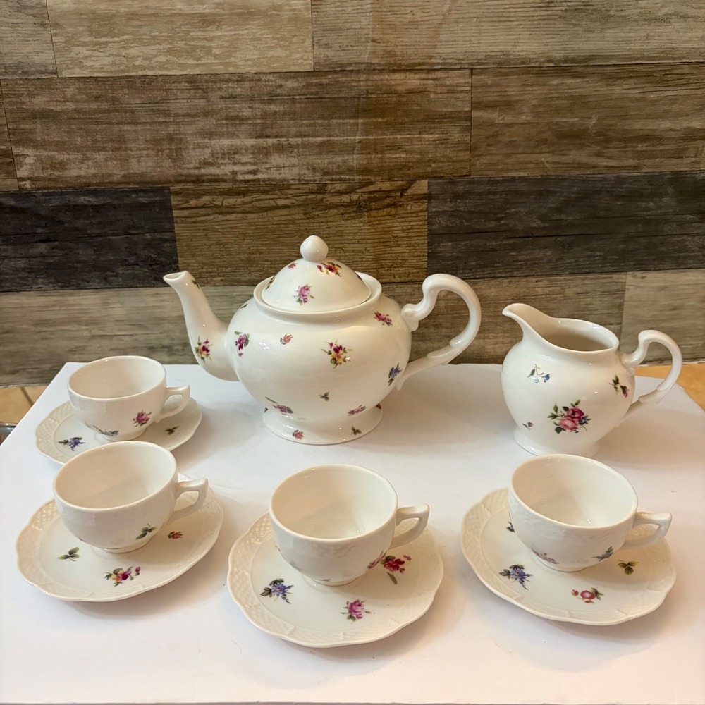 VTG Nantucket Home Floral Porcelain Tea Set Teapot Creamer 4 Cups Saucers Rose